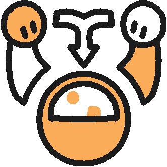 an arrow pointing from two people to a head with tiny silhouettes of them, in the colors of the white orange and black system flag